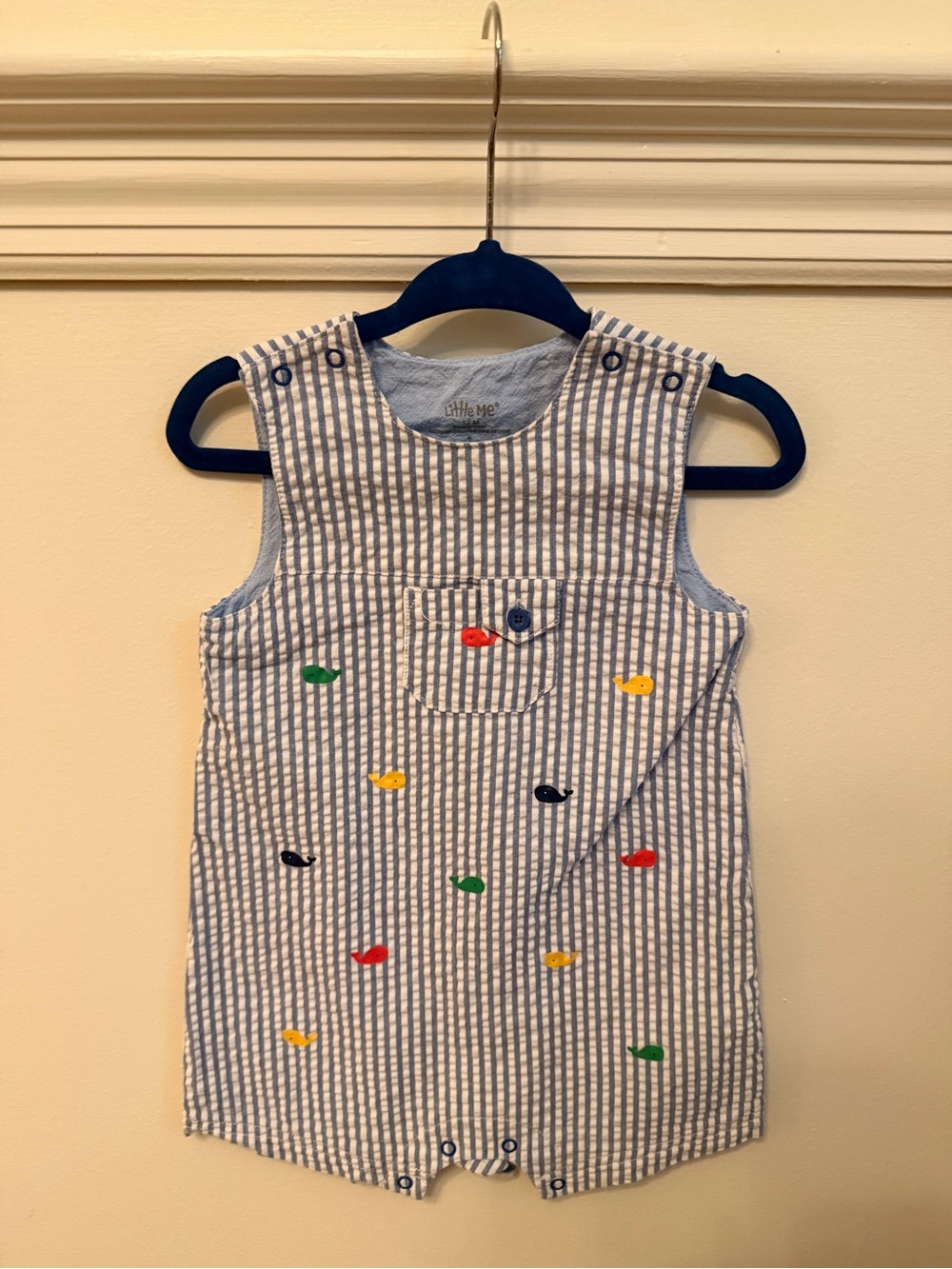 Little Me Blue and White Striped Embroidered Whale One-Piece 12M